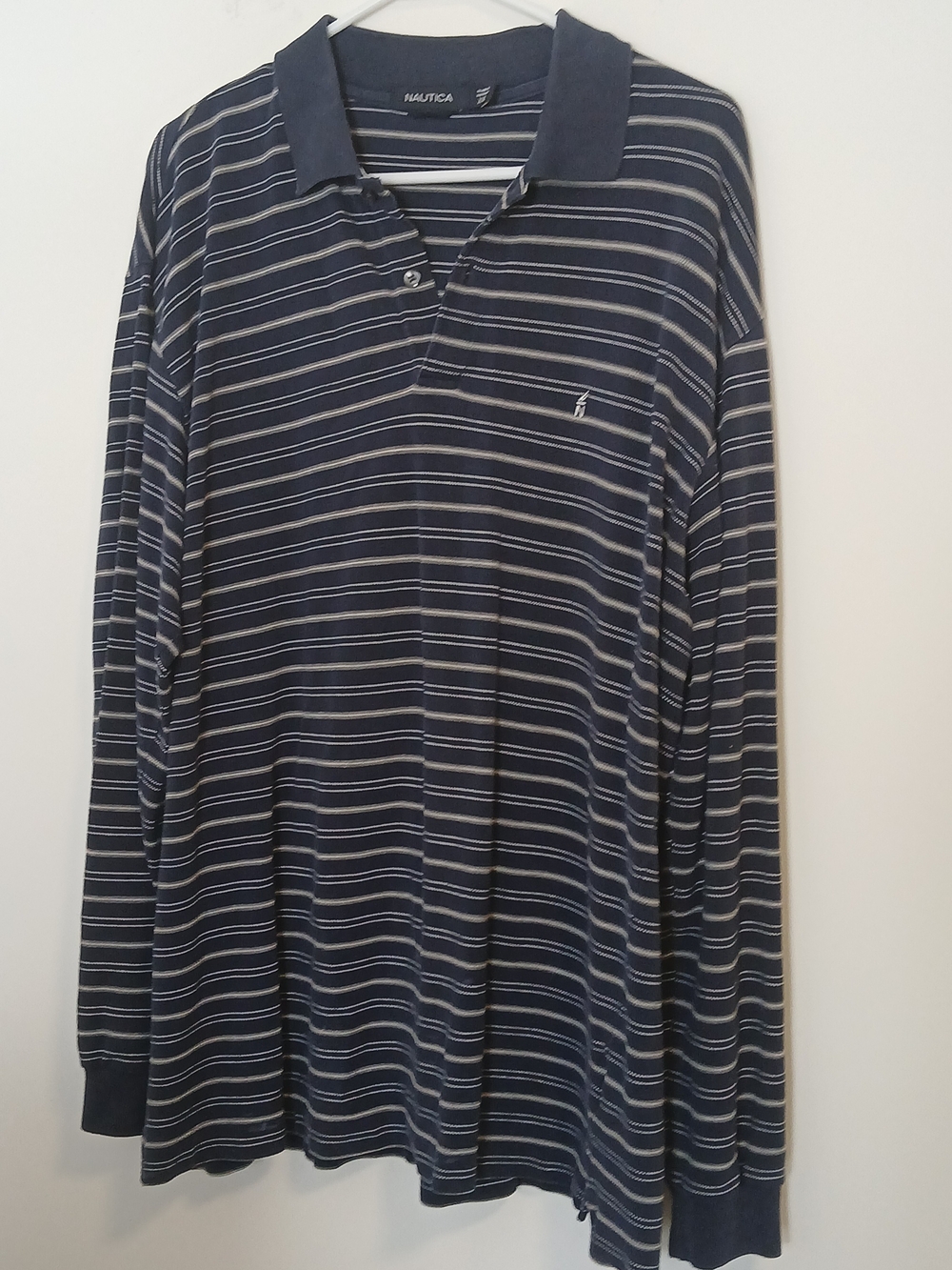 Nautica Men's Navy and White Striped Long-Sleeve Polo